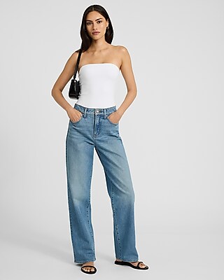 High Waisted Medium Wash Relaxed Straight Jeans