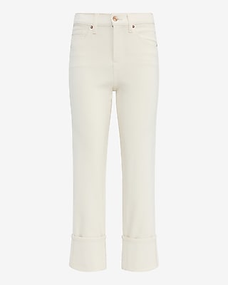 High Waisted Ivory Cuffed Straight Ankle Jeans