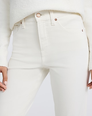 High Waisted Ivory Cuffed Straight Ankle Jeans