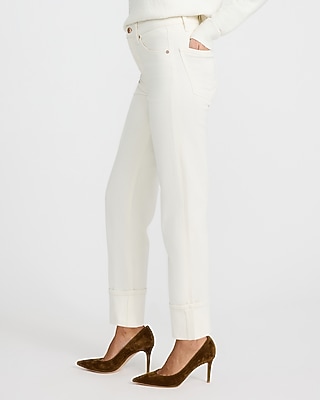 High Waisted Ivory Cuffed Straight Ankle Jeans
