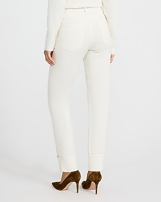 High Waisted Ivory Cuffed Straight Ankle Jeans