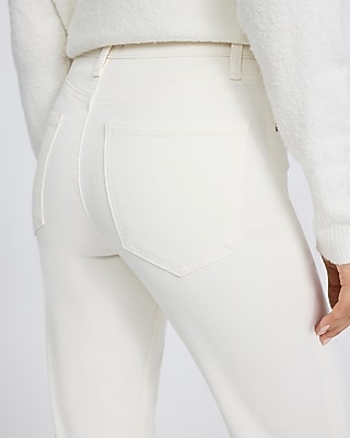 High Waisted Ivory Cuffed Straight Ankle Jeans