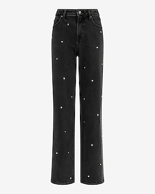 High Waisted Black Wash Silver Studded Relaxed Straight Jeans