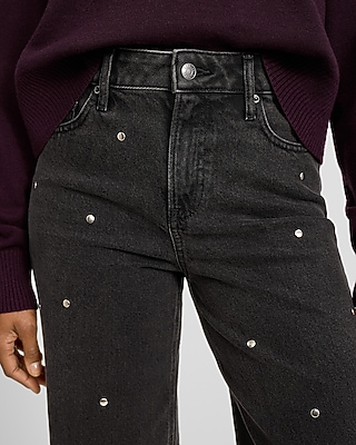 High Waisted Black Wash Silver Studded Relaxed Straight Jeans