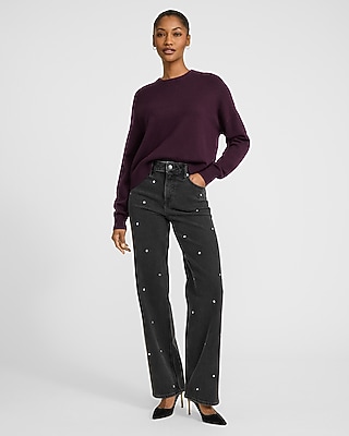 High Waisted Black Wash Silver Studded Relaxed Straight Jeans