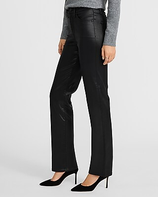 High Waisted Black Coated Straight Jeans