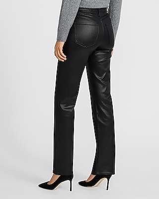 High Waisted Black Coated Straight Jeans