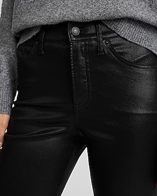High Waisted Black Coated Straight Jeans