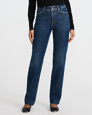 High Waisted Dark Wash Folded Hem Straight Jeans