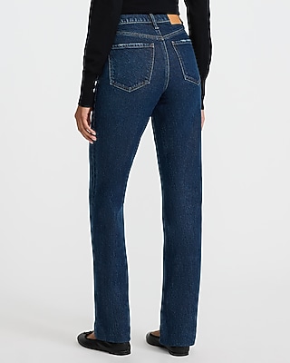 High Waisted Dark Wash Folded Hem Straight Jeans