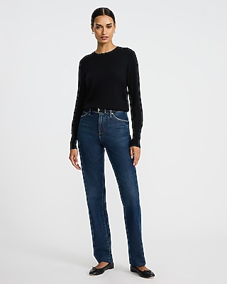 High Waisted Dark Wash Folded Hem Straight Jeans