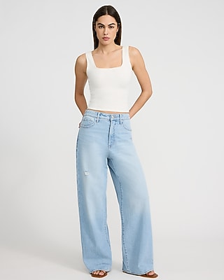 Low Slung Light Wash Ripped Baggy Jeans