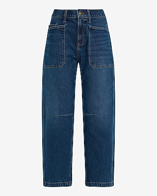 Mid Rise Medium Wash Utility Barrel Jeans