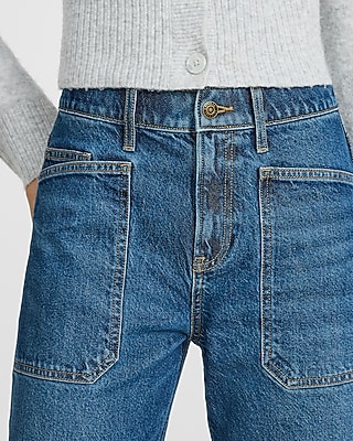Mid Rise Medium Wash Utility Barrel Jeans