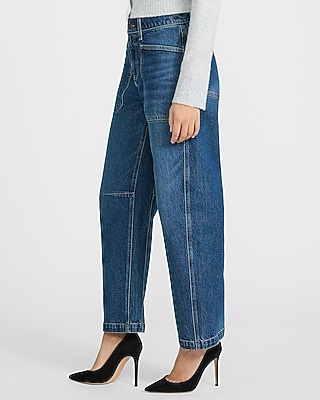 Mid Rise Medium Wash Utility Barrel Jeans