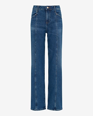 High Waisted Dark Wash Seamed Relaxed Straight Jeans | Express