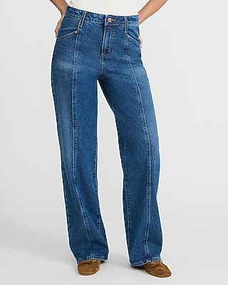 High Waisted Dark Wash Seamed Relaxed Straight Jeans