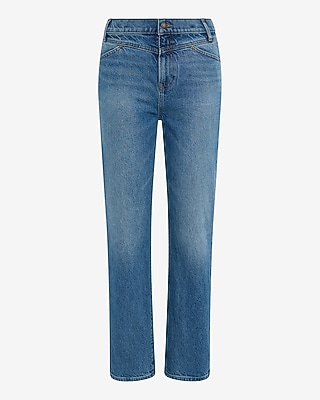 High Waisted Medium Wash Seamed Straight Ankle Jeans