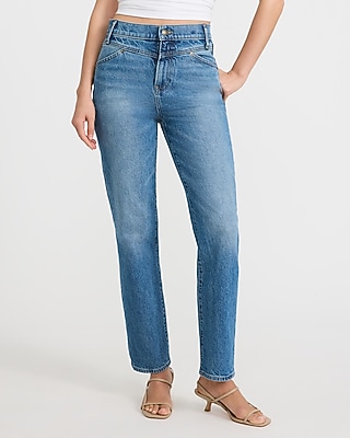High Waisted Medium Wash Seamed Straight Ankle Jeans