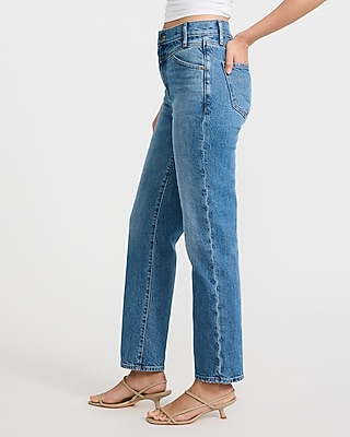 High Waisted Medium Wash Seamed Straight Ankle Jeans