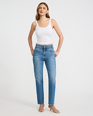 High Waisted Medium Wash Seamed Straight Ankle Jeans