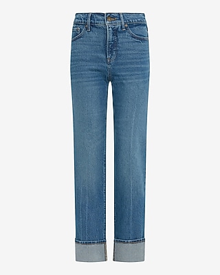 High Waisted Medium Wash Cuffed Straight Jeans