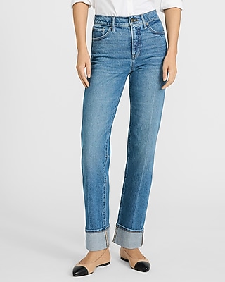 High Waisted Medium Wash Cuffed Straight Jeans