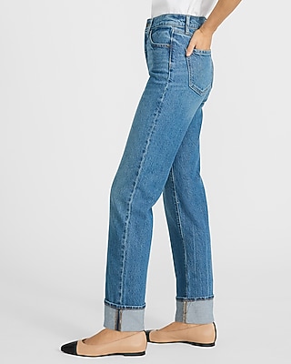 High Waisted Medium Wash Cuffed Straight Jeans