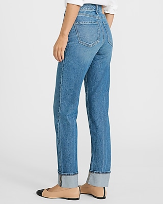 High Waisted Medium Wash Cuffed Straight Jeans