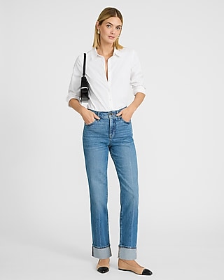 High Waisted Medium Wash Cuffed Straight Jeans