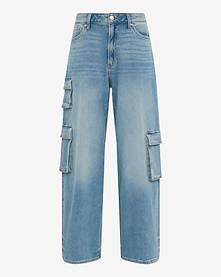 Low Slung Medium Wash Baggy Cargo Jeans