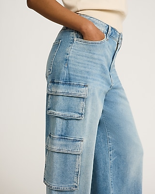 Low Slung Medium Wash Baggy Cargo Jeans