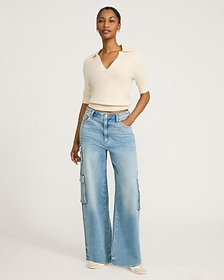 Low Slung Medium Wash Baggy Cargo Jeans