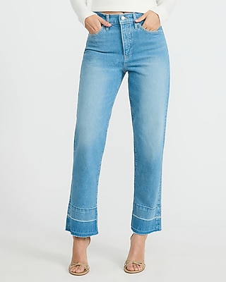 High Waisted Medium Wash Released Hem Straight Ankle Jeans