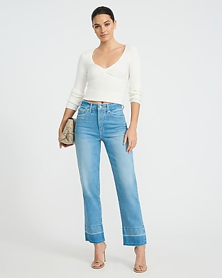 High Waisted Medium Wash Released Hem Straight Ankle Jeans