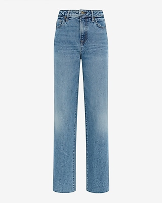 High Waisted Medium Wash Relaxed Raw Hem Straight Jeans