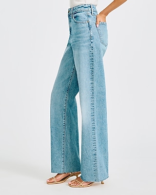 High Waisted Medium Wash Relaxed Raw Hem Straight Jeans
