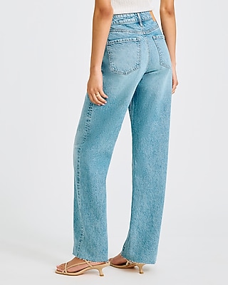High Waisted Medium Wash Relaxed Raw Hem Straight Jeans