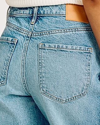 High Waisted Medium Wash Relaxed Raw Hem Straight Jeans