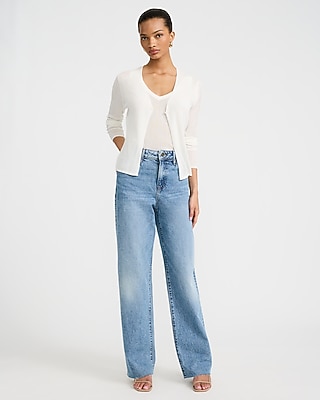 High Waisted Medium Wash Relaxed Raw Hem Straight Jeans