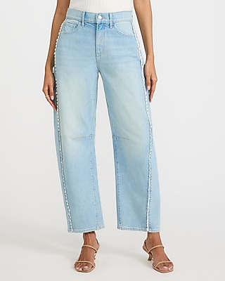 Mid Rise Light Wash Crochet Trim Barrel Jeans