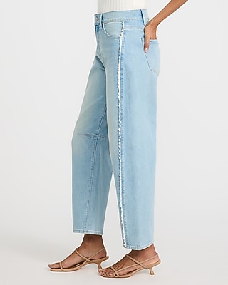 Mid Rise Light Wash Crochet Trim Barrel Jeans