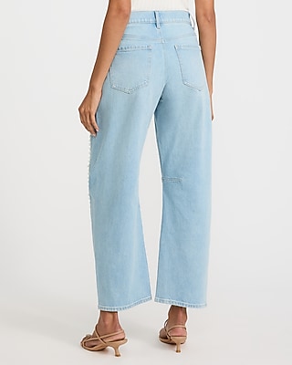 Mid Rise Light Wash Crochet Trim Barrel Jeans