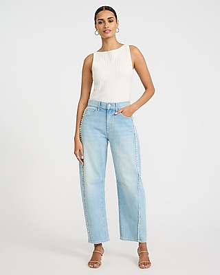 Mid Rise Light Wash Crochet Trim Barrel Jeans