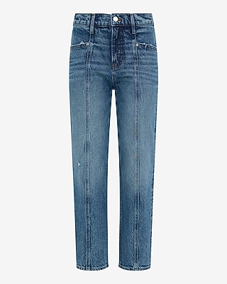 High Waisted Medium Wash Seam Detail Straight Ankle Jeans