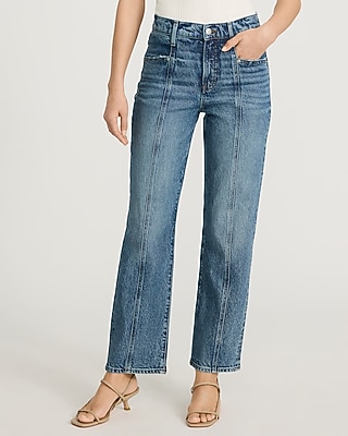 High Waisted Medium Wash Seam Detail Straight Ankle Jeans