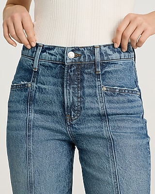 High Waisted Medium Wash Seam Detail Straight Ankle Jeans