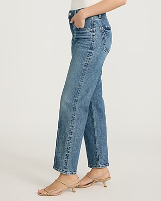 High Waisted Medium Wash Seam Detail Straight Ankle Jeans