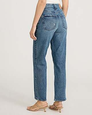 High Waisted Medium Wash Seam Detail Straight Ankle Jeans