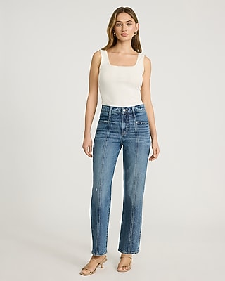 High Waisted Medium Wash Seam Detail Straight Ankle Jeans